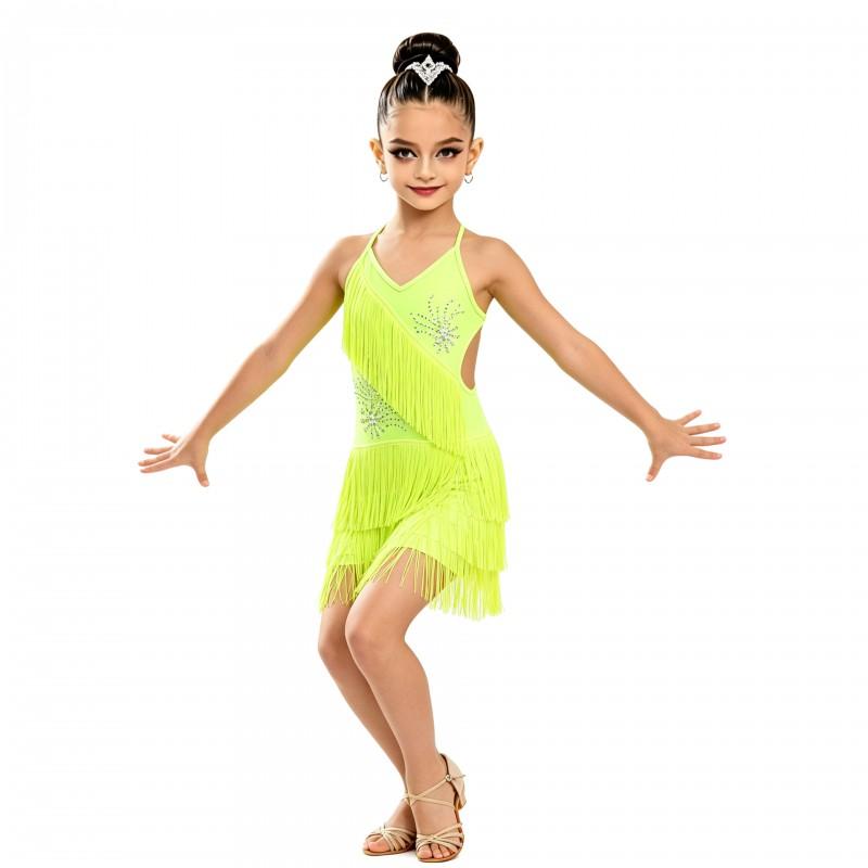 Girls Latin Dance Dress With Fringe Straps Cha Rumba Performance Stage Competition