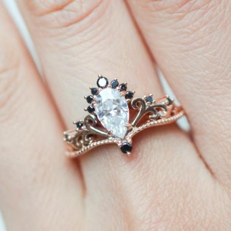 1Pc Stylish Multifunctional Rose Gold Crown Ring with Droplet Synthetic Zircon Ring