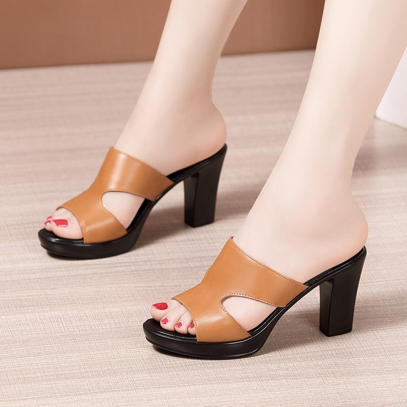 Fashion Women High Heels Summer Slippers Woman Open Toe Casual Block Heel Platform Genuine Leather Shoes 32-43 Women Sandals
