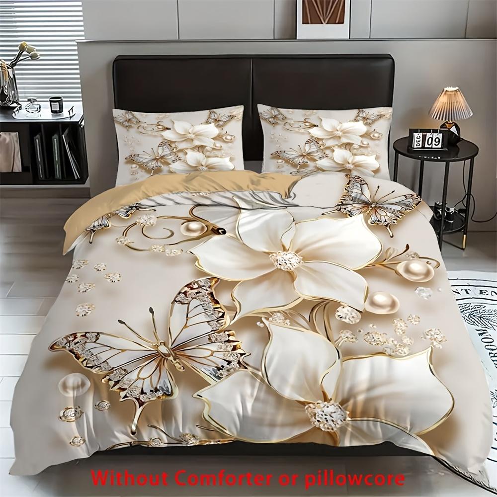 3pcs Champagne Bedding Set Pearl Flower Print Cozy Duvet Cover King Queen Twin Size Birthday Gift for Girl Adult Bedroom Decor