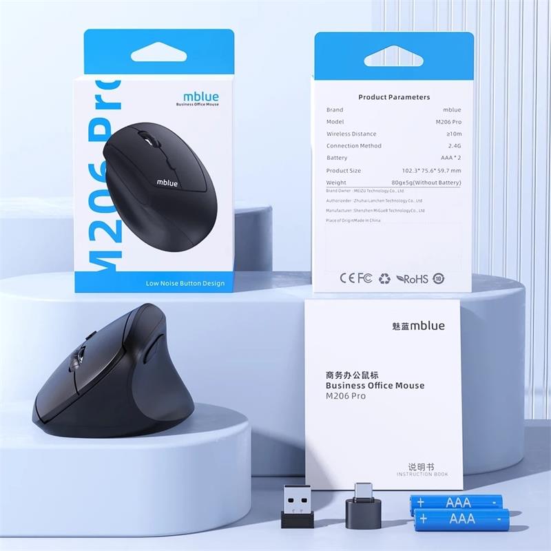 MEIZU mblue M206 Pro 2.4G беспроводная мышь вертикальная бесшумная мышь 4000DPI 580mAh мышь для MacBook для Windows белая