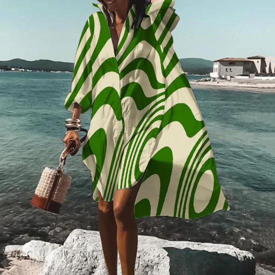 Turn-down Collar Long Sleeve High-Low Hem Holiday Dress Geometry Wave Print Oversized Shirt