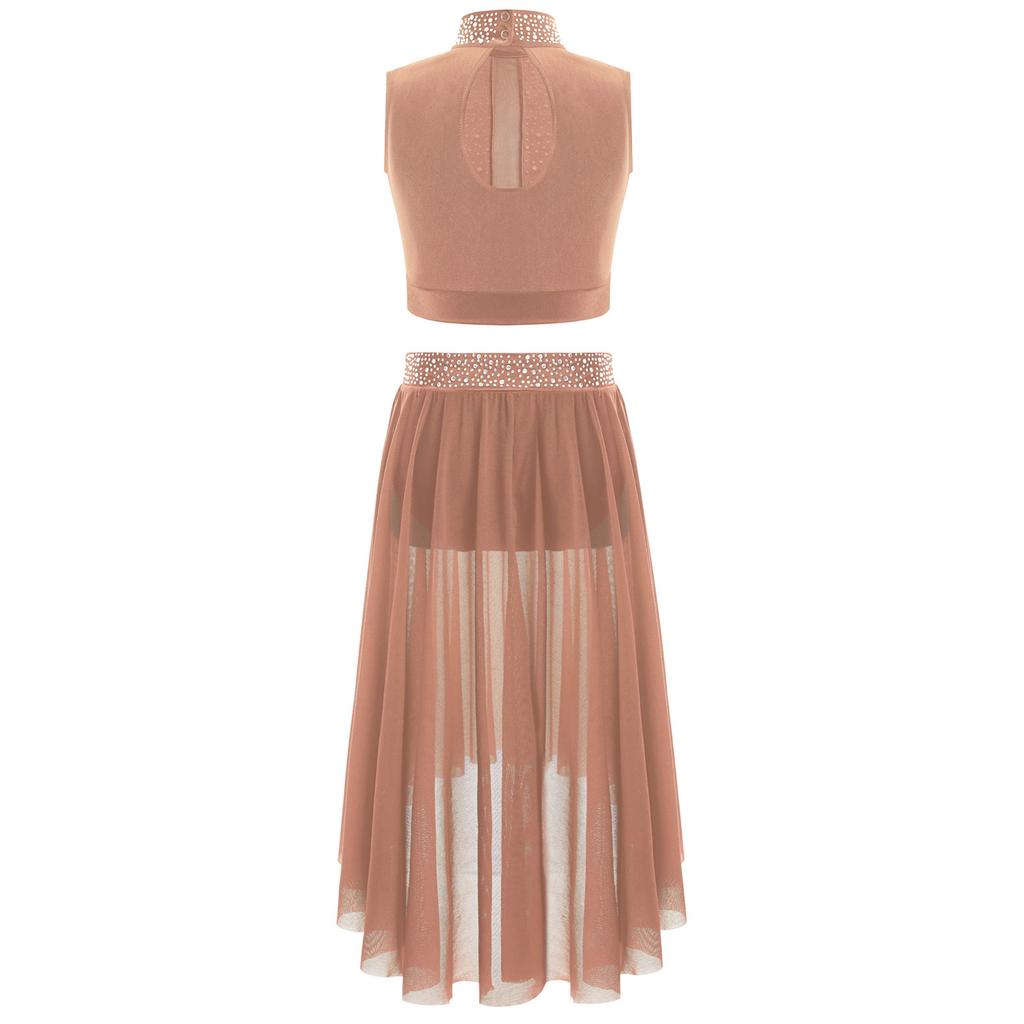 Girls Dance Outfit Sparkly Crop Top Keyhole Back Plus Irregular Hem Mesh Skirt Side Slit Performance Set