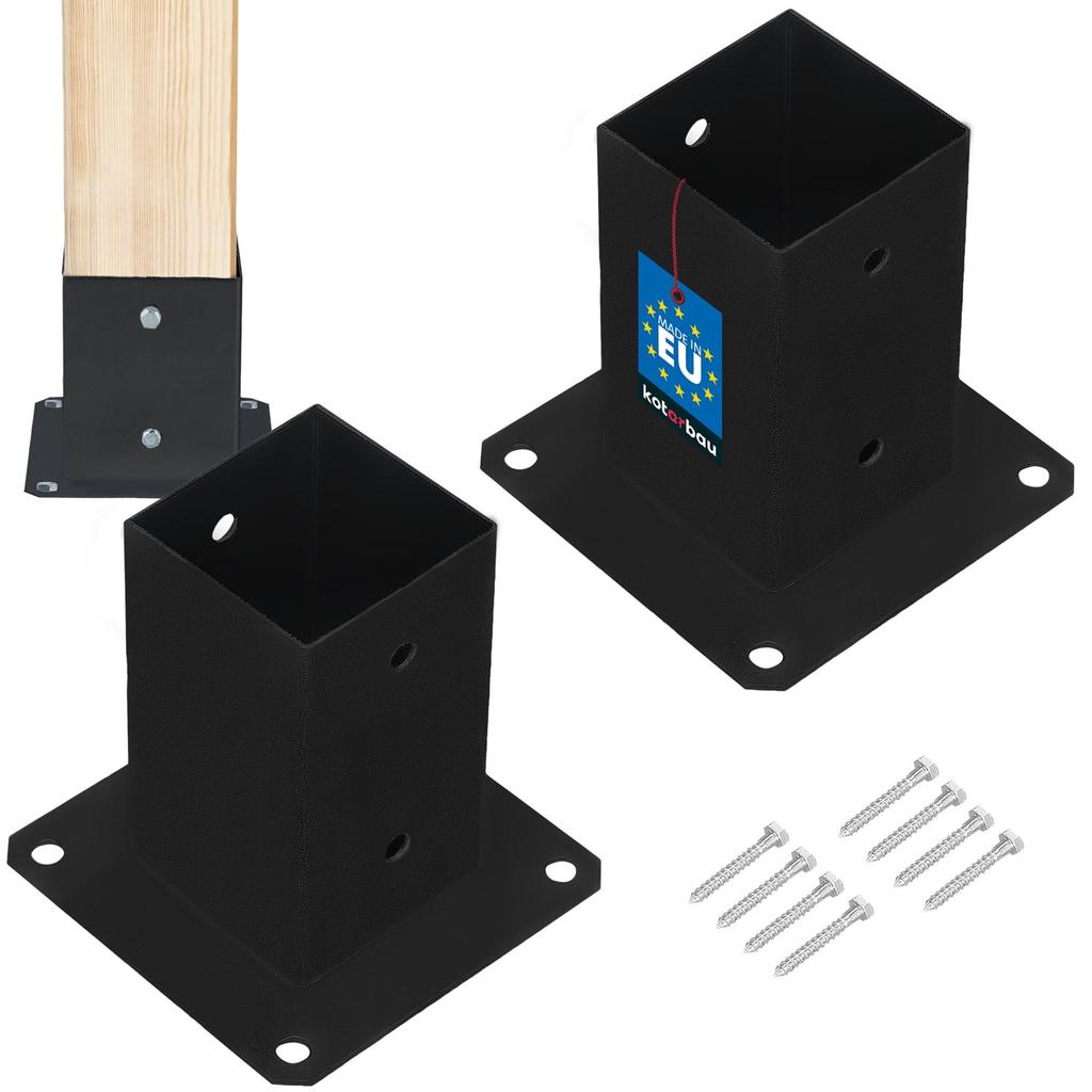 Wooden Pole Base Screwed to Concrete Black Steel 80x80 mm 2 pcs