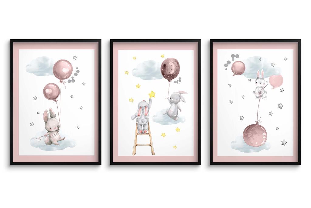 Zestaw Plakatów dla dziecka Króliczki Balony pastelowy róż Obrazy 30x40