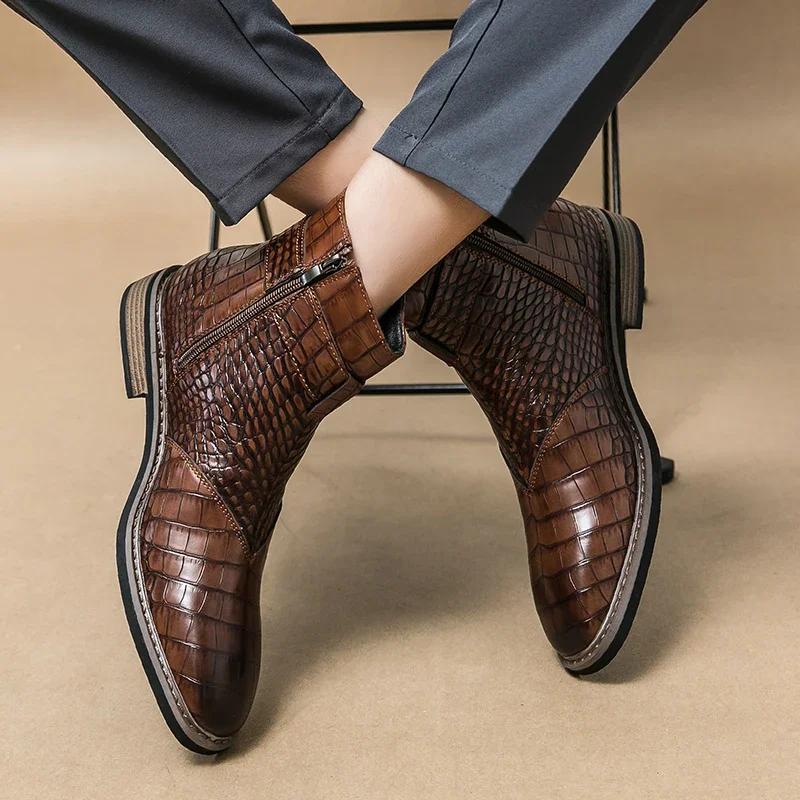 Новые коричневые ботильоны для мужчин, на молнии, черные, с крокодиловым узором, с квадратным носком, модные деловые, формальные мужские ботинки, размер 38-46