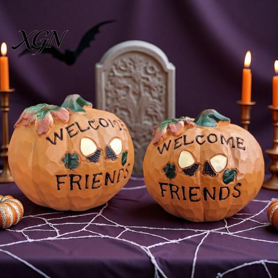 Halloween Harvest Table Decor Pumpkin Figurine, Resin Welcome Ornament, Autumn Thanksgiving Rustic Home Tabletop Centerpiece for Entryway Patio, Cute
