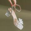 2025 Summer New Stiletto Sandals One-word Buckle Open-toed High Heels Bow Mesh Fashion Women's Shoes Fairy