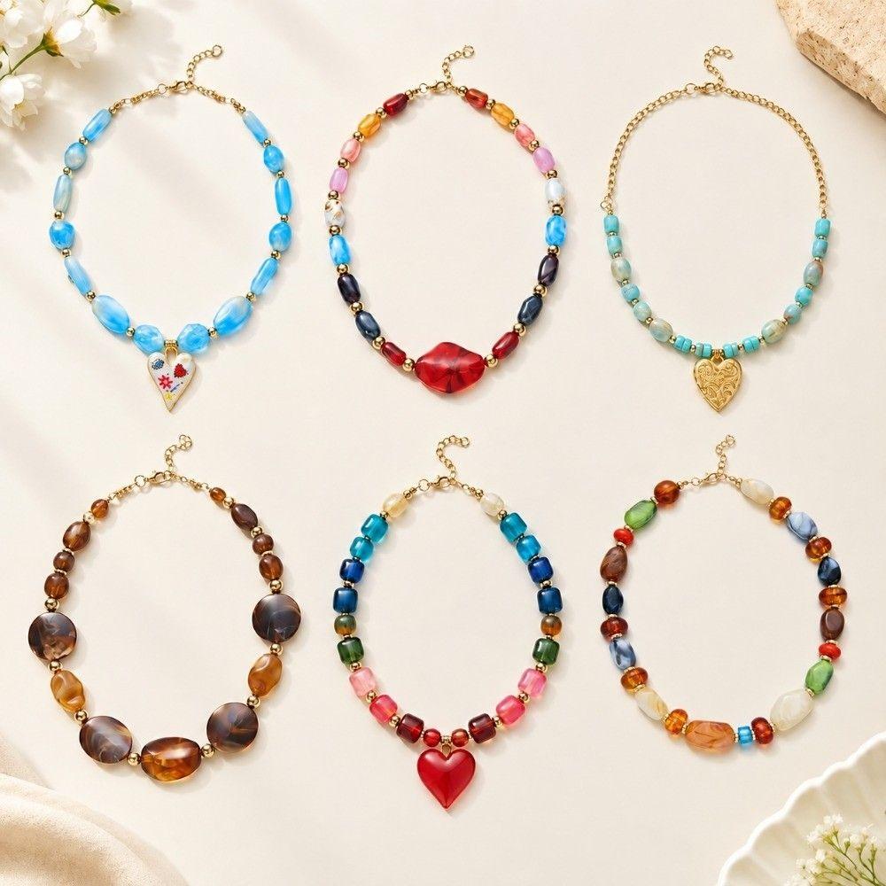 Boho Colorful Love Heart Necklace Irregular Stone Pendant Necklace Beaded Choker Party Occasion