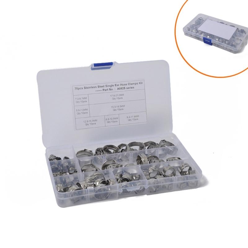 70 шт., 7 размеров, хомуты для шлангов с одним ухом из нержавеющей стали, набор обжимных хомутов, ушные зажимы, кольца, обжимные кольца