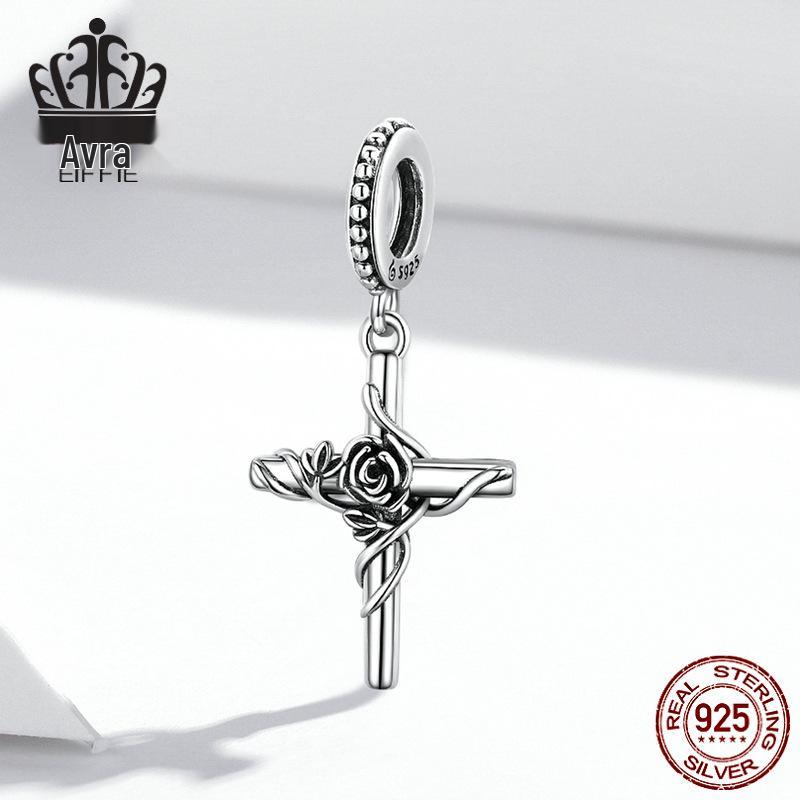 S925 Sterling Silver Rose Cross Pendant Bracelet with European & American Style Flower Beads