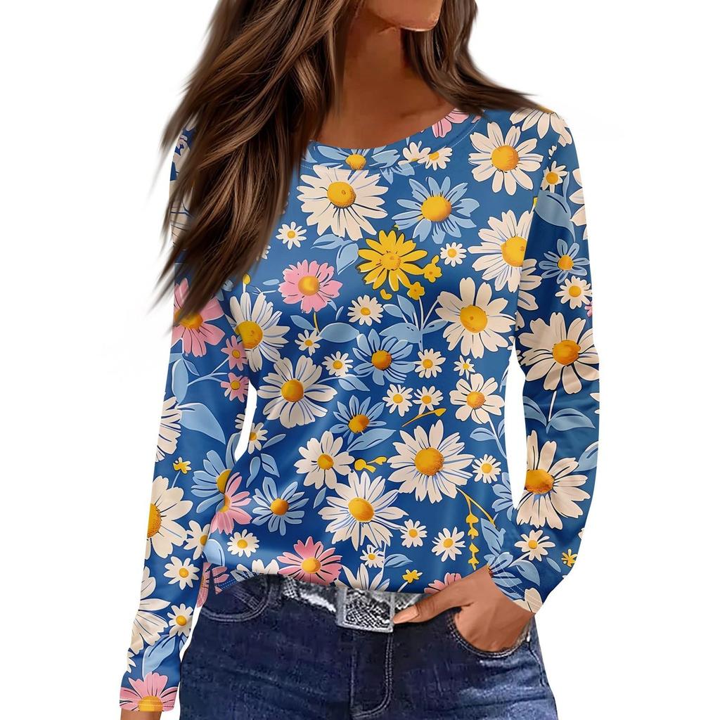 Women's Casual T-shirt 3D Printed Floral Floral Print Round Neck Retro Elegant Long Sleeves Women's Fashion Pullover Long Sleeve