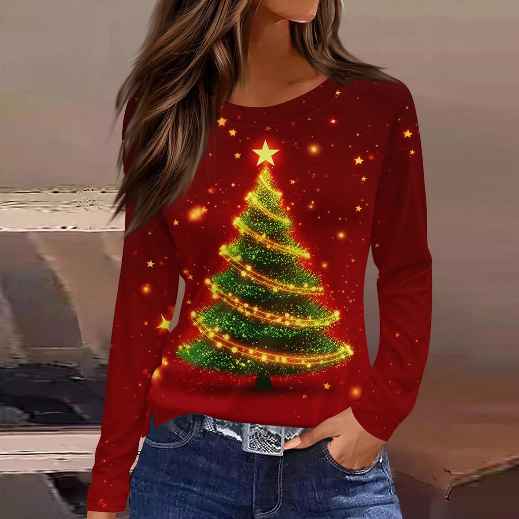 Женская модная повседневная футболка с разрезом по низу, круглым вырезом, длинными рукавами, свободного кроя, с рождественским принтом, женский топ