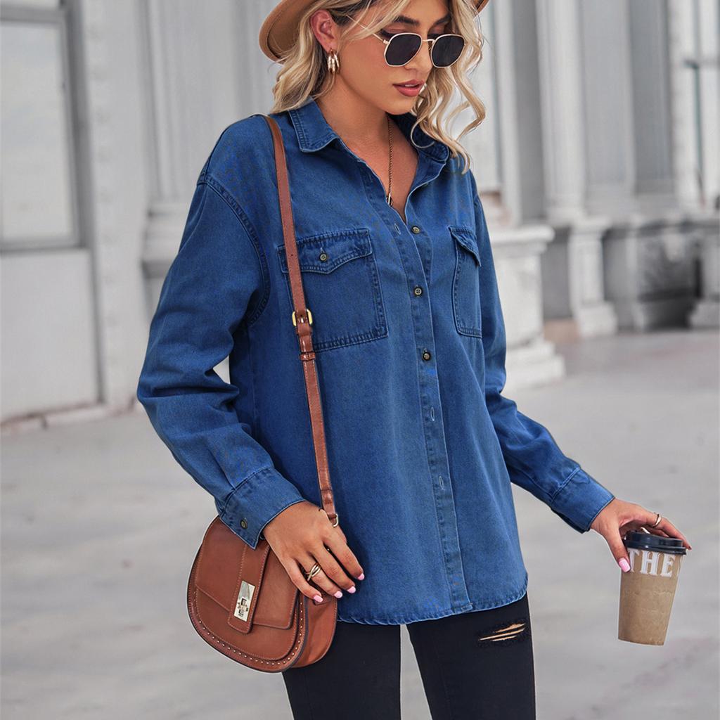 Solid Casual Loose Denim Shirts for Women 2023 Autumn Vintage Women's Oversized Shirts and Blouses Fashion Youth Female Tops
