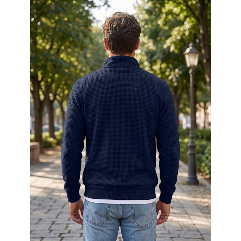 Men S American Style Waffle Knit Half Zip Stand Collar Long Sleeve Pullover Sweatshirt