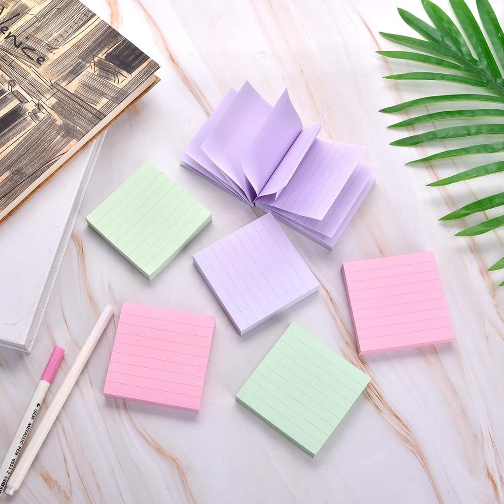 Lined Pop Up Sticky Note 3x3 inch, 6 Pack Accodian Stlye Self-Sticky Notes with Lines, Light Green Pink Purple Color, 100 Sheet/Pad Easy Post
