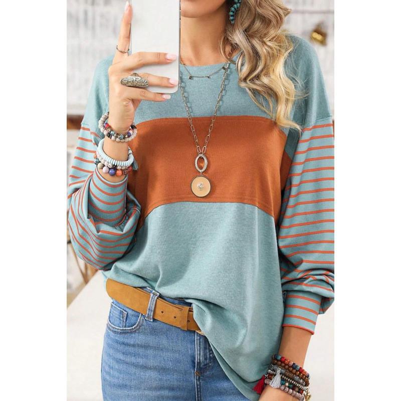 Polyester Striped Casual Long Sleeve T Shirt For Women With Color Block Design For Spring