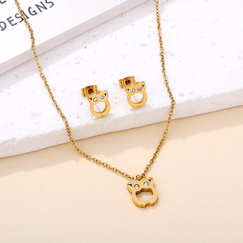 Fashion Cute Owl Charms Pendant Necklace Delicate Owls Animals Small Earrings Stud Titanium Steel Jewelry Set Young Teenagers
