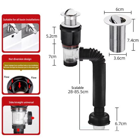 Bathroom Sink Drain Kit with Flexible Expandable P-Trap Leak-Proof Odor Prevention Easy Installation