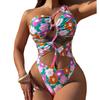 Женский купальник с принтом на одно плечо, сексуальный полый бандажный цельный купальник, бикини, пляжная одежда, купальные костюмы