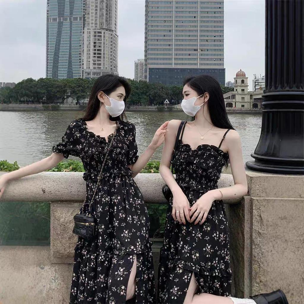 Летнее платье из шифона с цветочным принтом для женщин - дизайн 2025 года с утягивающей талией, разрезом и квадратным вырезом горловины