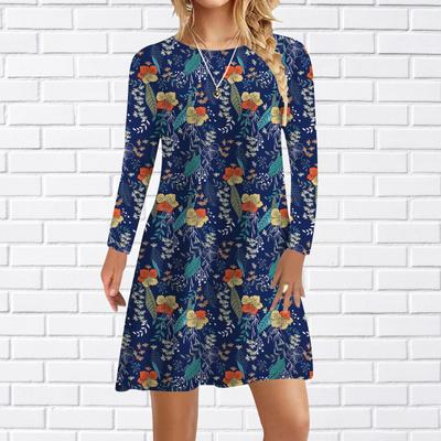 Женское повседневное платье осенние синие платья с принтом листьев и цветов для женщин с круглым вырезом и коротким рукавом платье больших размеров