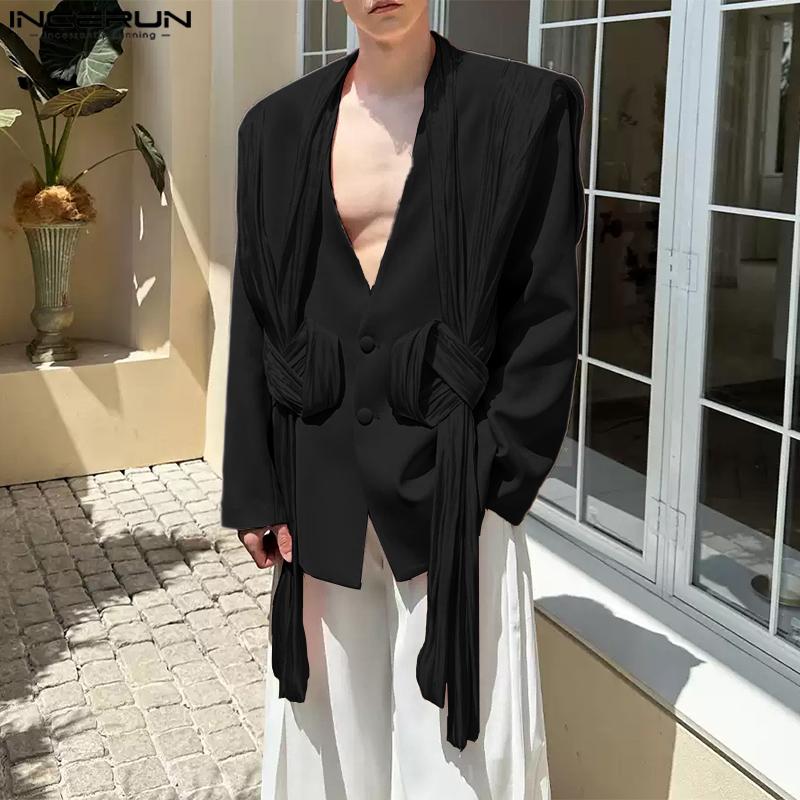 INCERUN Мужские блейзеры с V-образным вырезом, длинным рукавом, блестящие, с оборками, в стиле пэчворк, тонкие, свободного кроя, для вечеринок