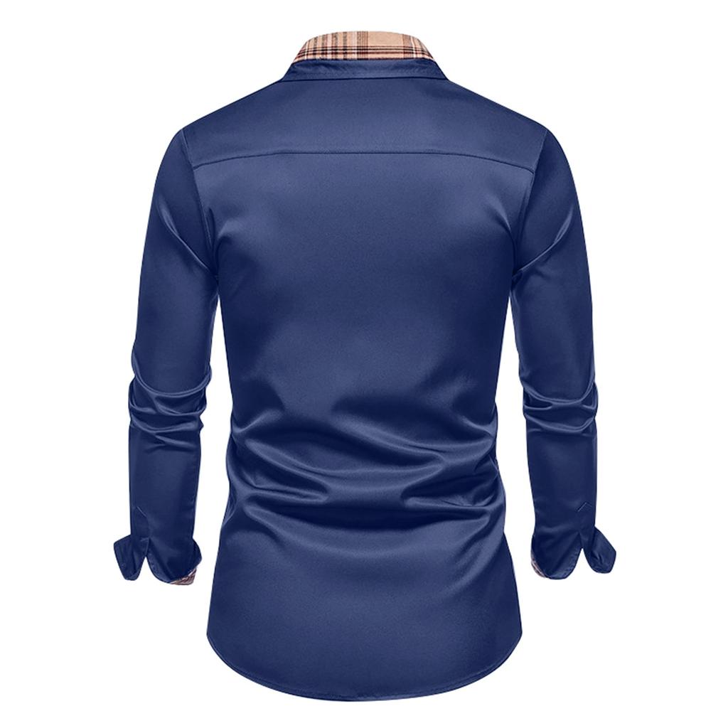 Мужская осенняя рубашка свободного покроя с длинным рукавом в клетку с цветными блоками на пуговицах