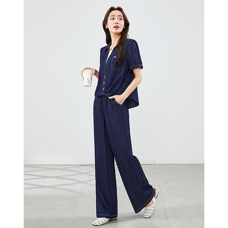 Age reducing lightweight breathable denim top+casual pants two-piece set