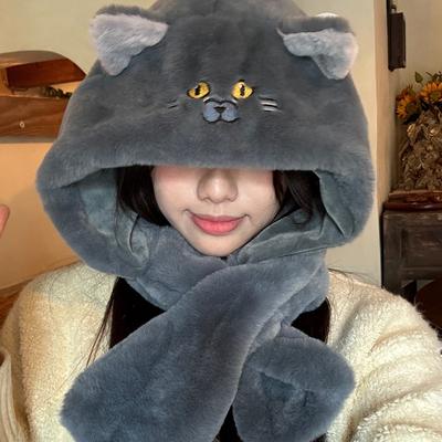 Милая шапка с котенком для женщин с зимней защитой ушей Шапка плюшевая утолщенная мультяшная шапка-пуловер шарф интегрированный тренд