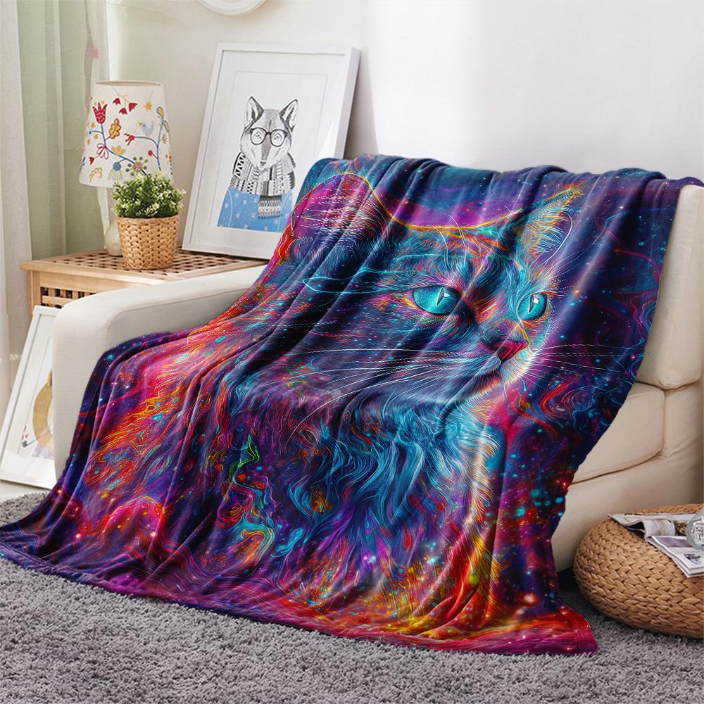 Neon Cats Print Flannel Blanket, High quality Comfortable for All Seasons, Home Decor, Warmth and Comfort