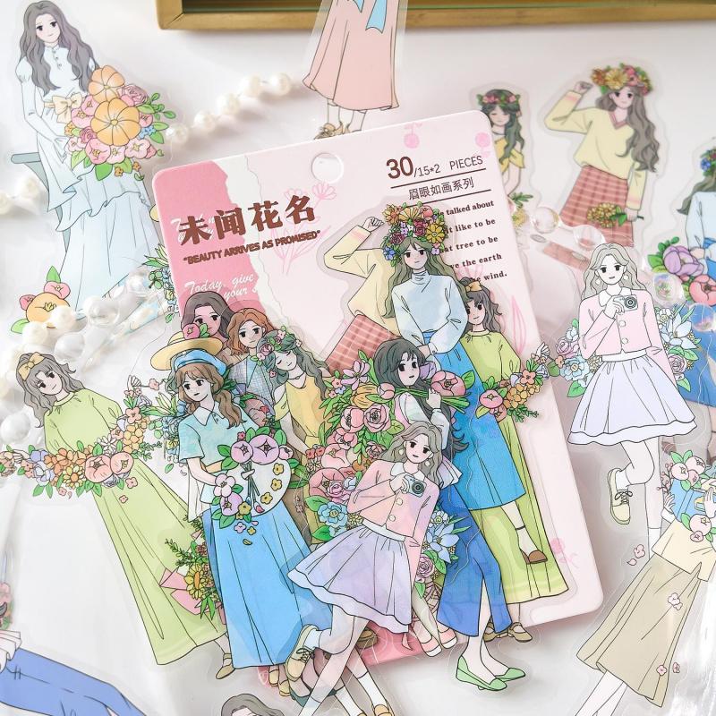 30 Sheets Girl Holding Flowers Character Stickers Kawaii Anime Style Self-Adhesive For Journal Scrapbook DIY Decoration