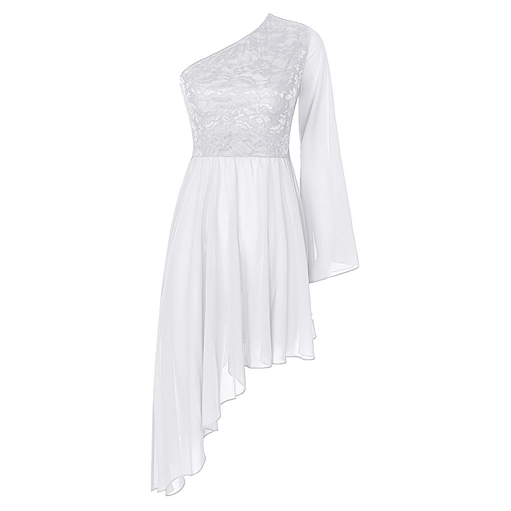 Женская туника для выступлений Worship с цветочным кружевным пэчворком, на одно плечо, с расклешенным рукавом, асимметричным подолом, танцевальное платье