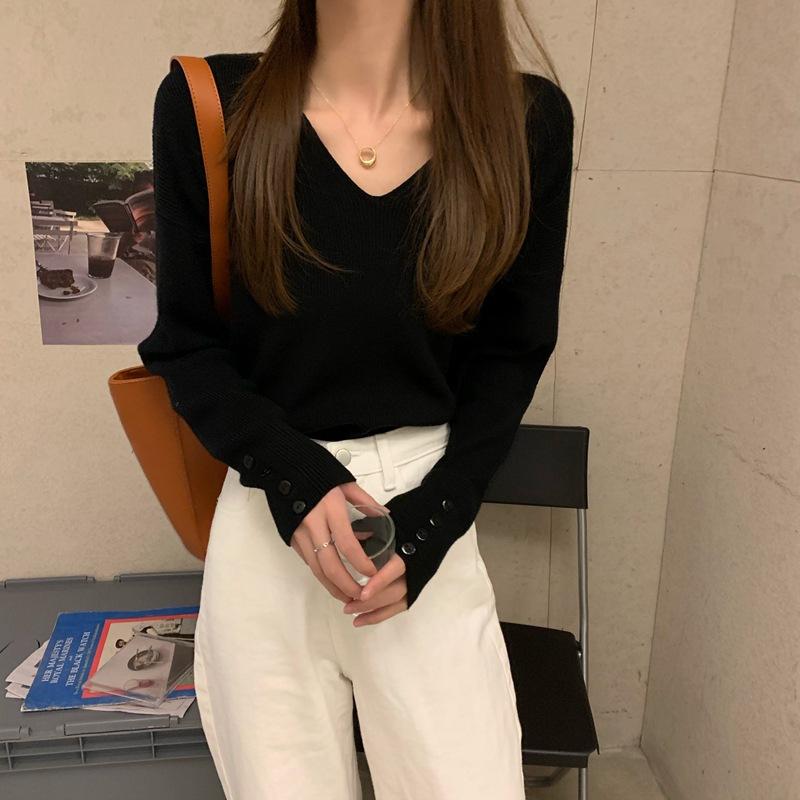 Американская осенне-зимняя корейская версия свободного V-образного выреза, дизайн Sense, пуловер с длинными рукавами, вязаный свитер, женская одежда