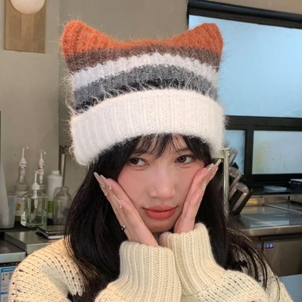Rainbow Cat Ears Pullover Hat Colored Woolen Knitted Hat Cute Striped Bucket Hat  Girls