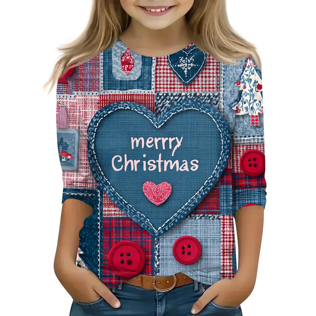 Children's 3/4 Sleeve Round Neck Top Christmas Tree Printed Everyday Casual Top
