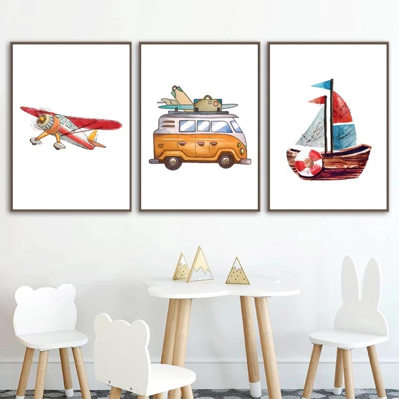 Мультяшный минималистичный постер для кемпинга, самолет, корабль, холст, живопись, принты, детская комната, детская настенная живопись, украшение Куадрос