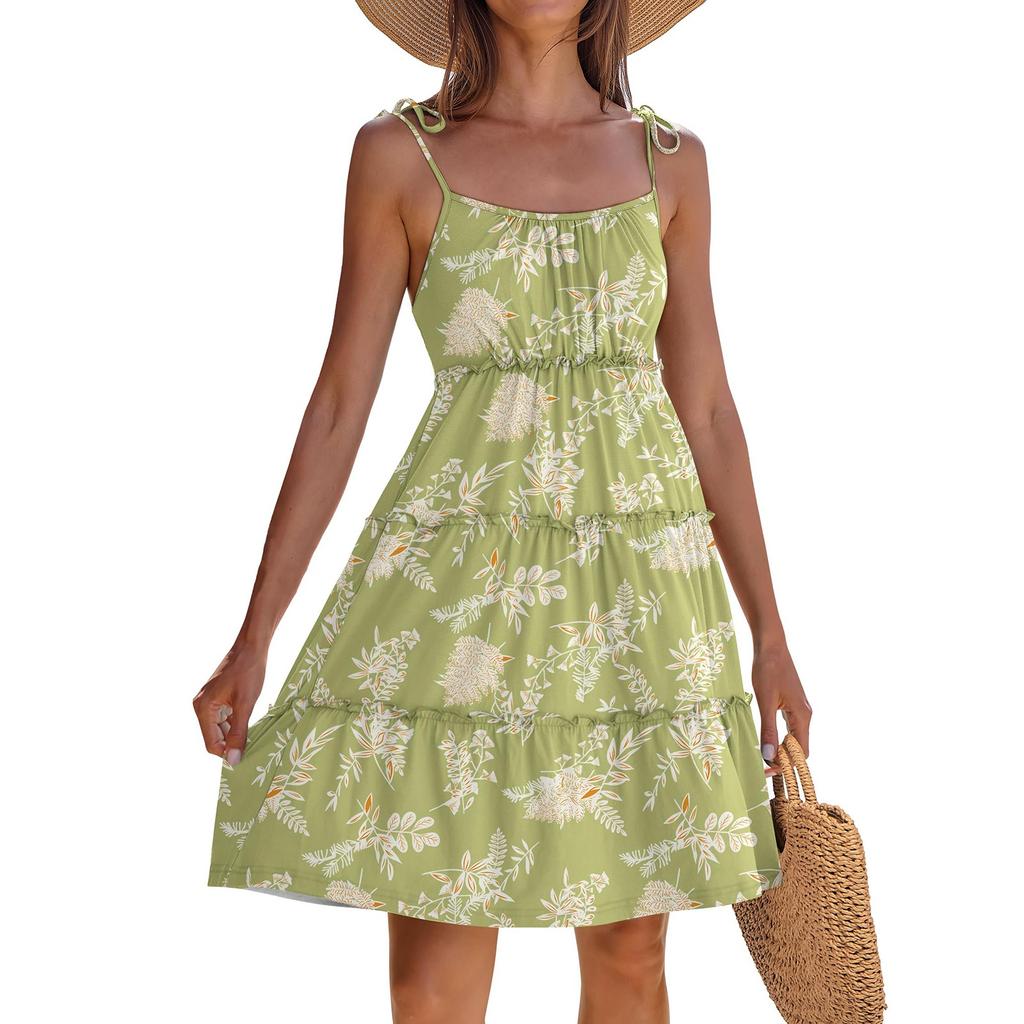 Женское летнее повседневное платье без рукавов на тонких бретельках в стиле бохо с многоярусными оборками, струящееся короткое пляжное платье-сарафан