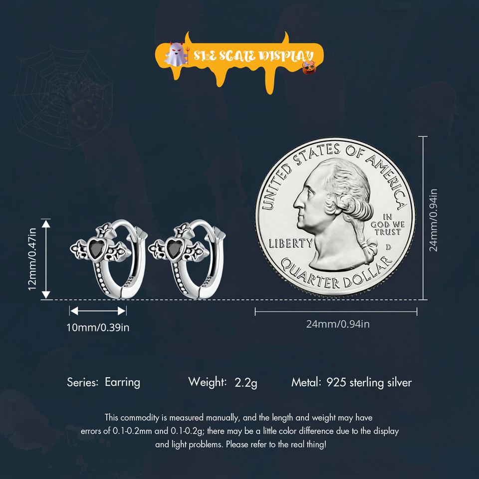 WOSTU Винтажные серьги-кольца из стерлингового серебра 925 пробы с черным цирконием, женские серьги-кольца в стиле ретро, в стиле панк, с пряжкой в виде креста, хип-хоп, ювелирные изделия, счастливый подарок