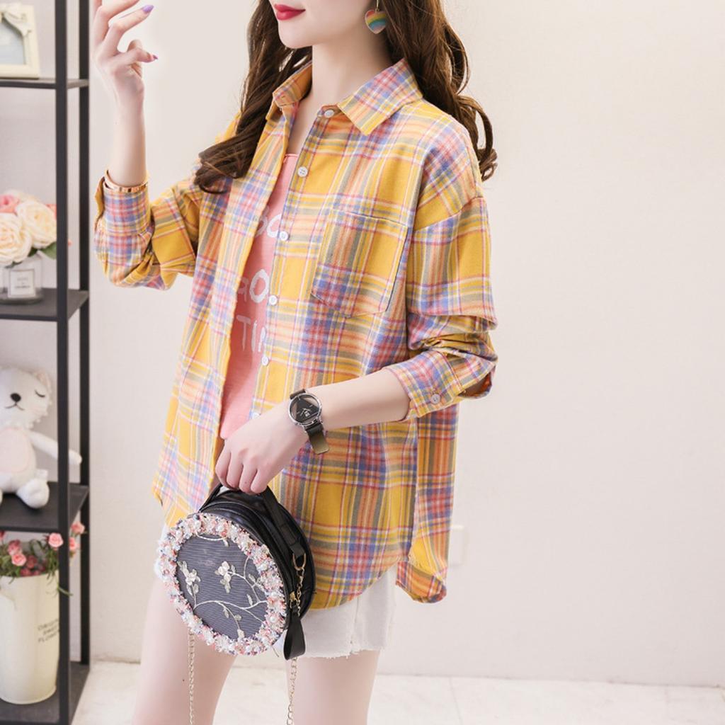 Женская модная повседневная универсальная клетчатая рубашка с длинными рукавами, студенческая рубашка, пальто, топ