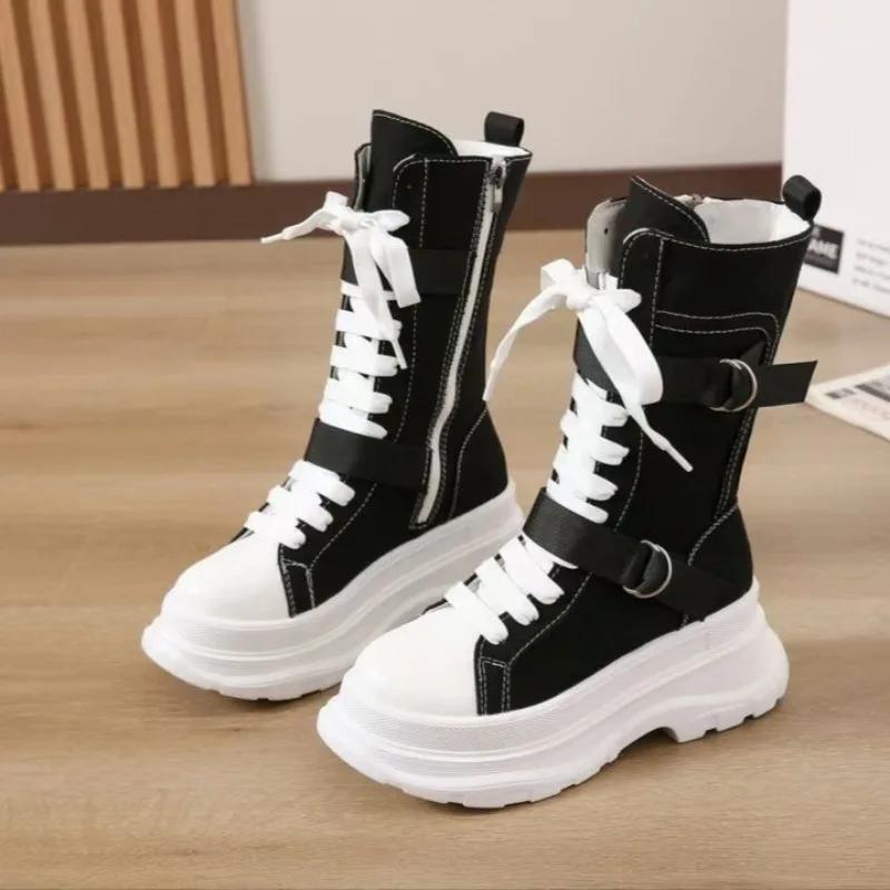 Весенние и осенние высокие кеды женская обувь парусиновые повседневные туфли с высоким верхом длинные ботинки со шнуровкой и молнией удобные ботинки на плоской подошве