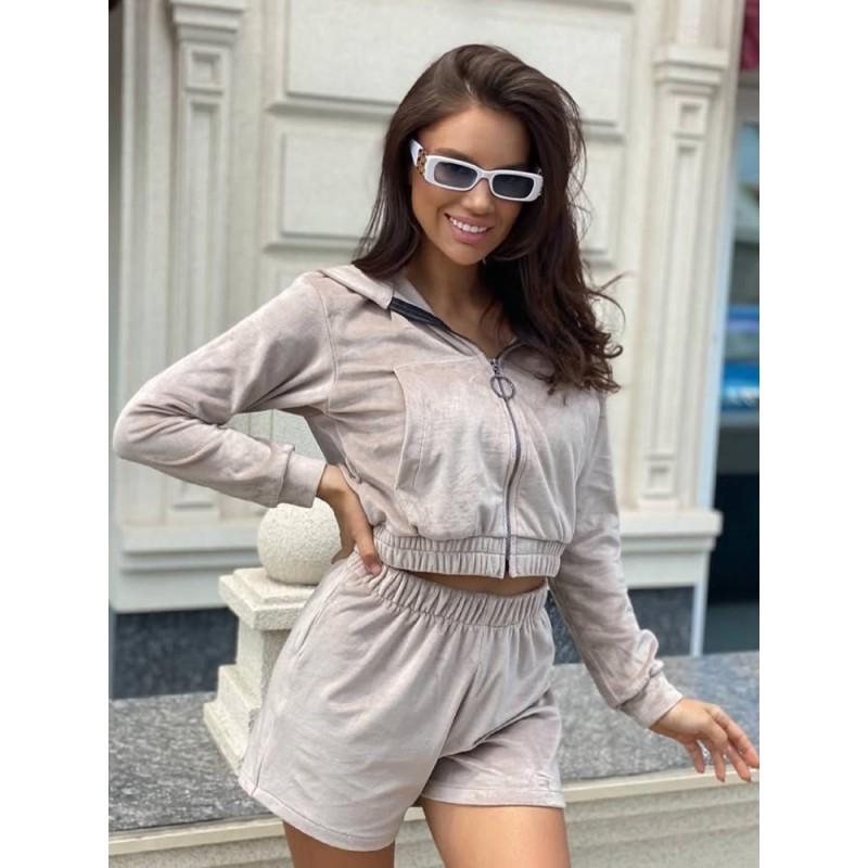 Womens Casual Solid Color Hooded Zip-Up Long Sleeve Top Elastic Waist Shorts 2-Piece Set Streetwear Outfit
