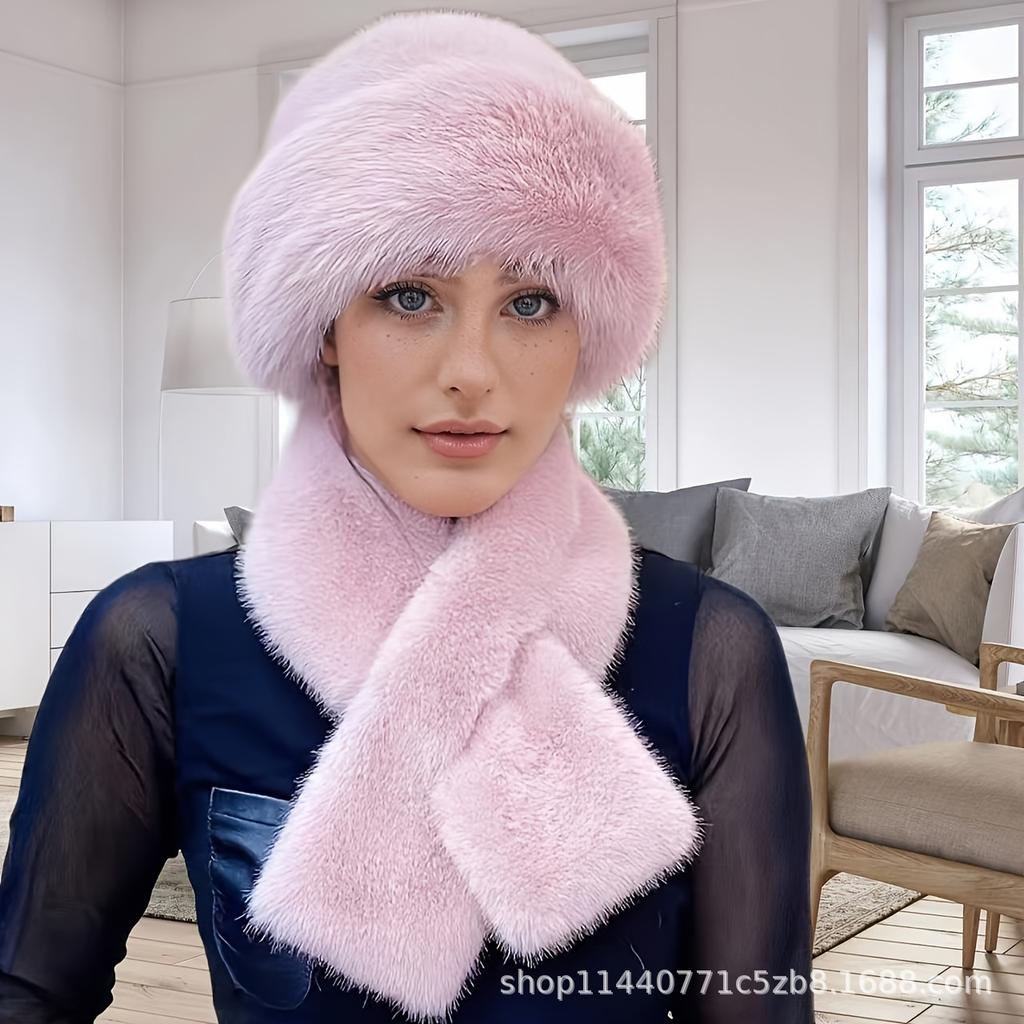 Комплект из 2 предметов/1 женский, утепленная шапка из искусственного меха и шарф - полиэстеровый трикотаж, зимние утеплители для ушей с застежкой-кнопкой, модный монгольский стиль