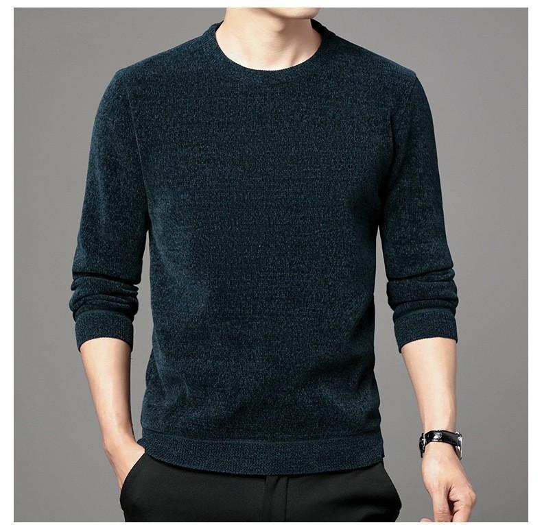 Мужской зимний утепленный свитер с круглым вырезом, однотонная трикотажная рубашка