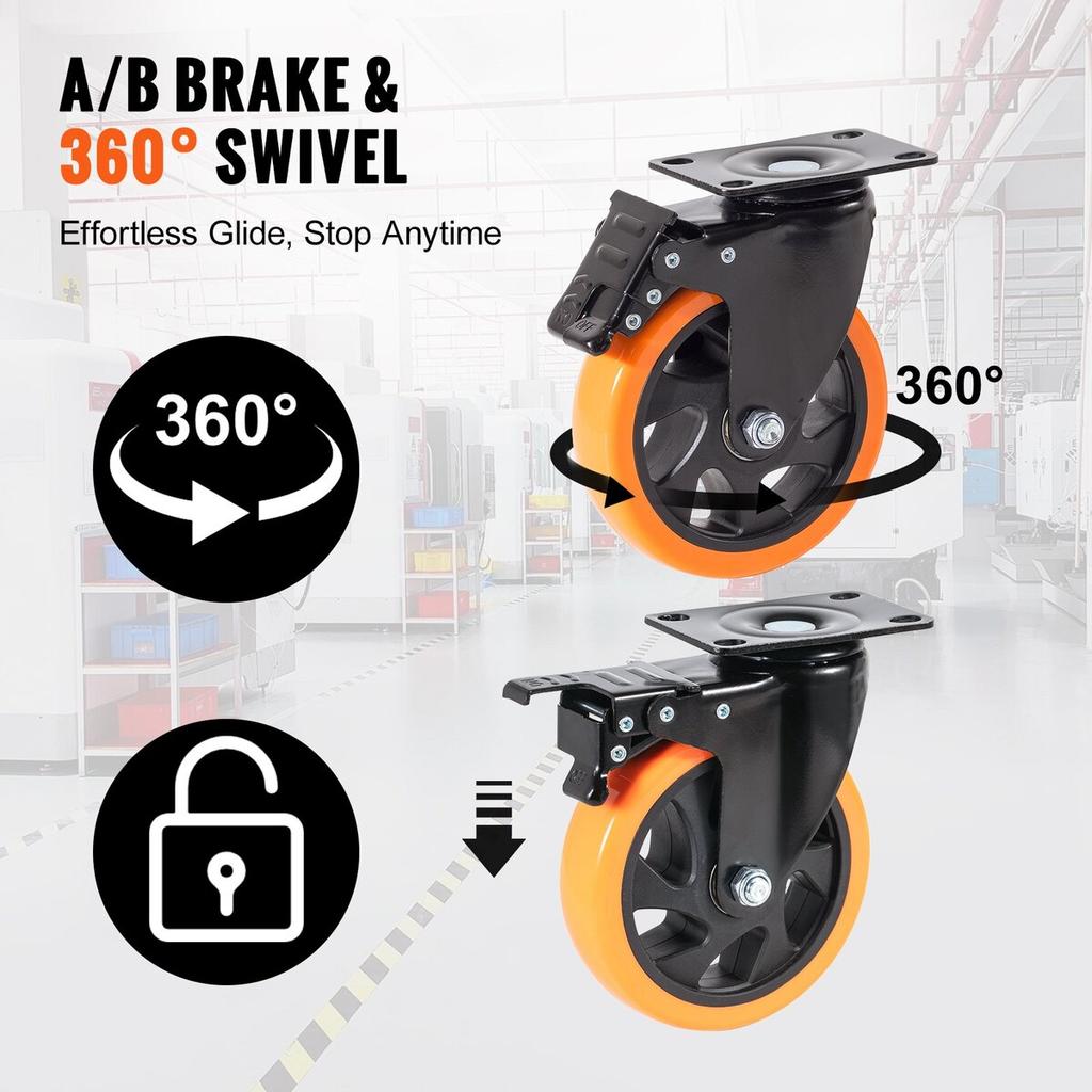 Caster Wheels, 5-inch Swivel Plate Casters, Set of 4, with Security A/B Locking No Noise PVC Wheels, Heavy Duty 450 lbs Load Capacity Per Caster,