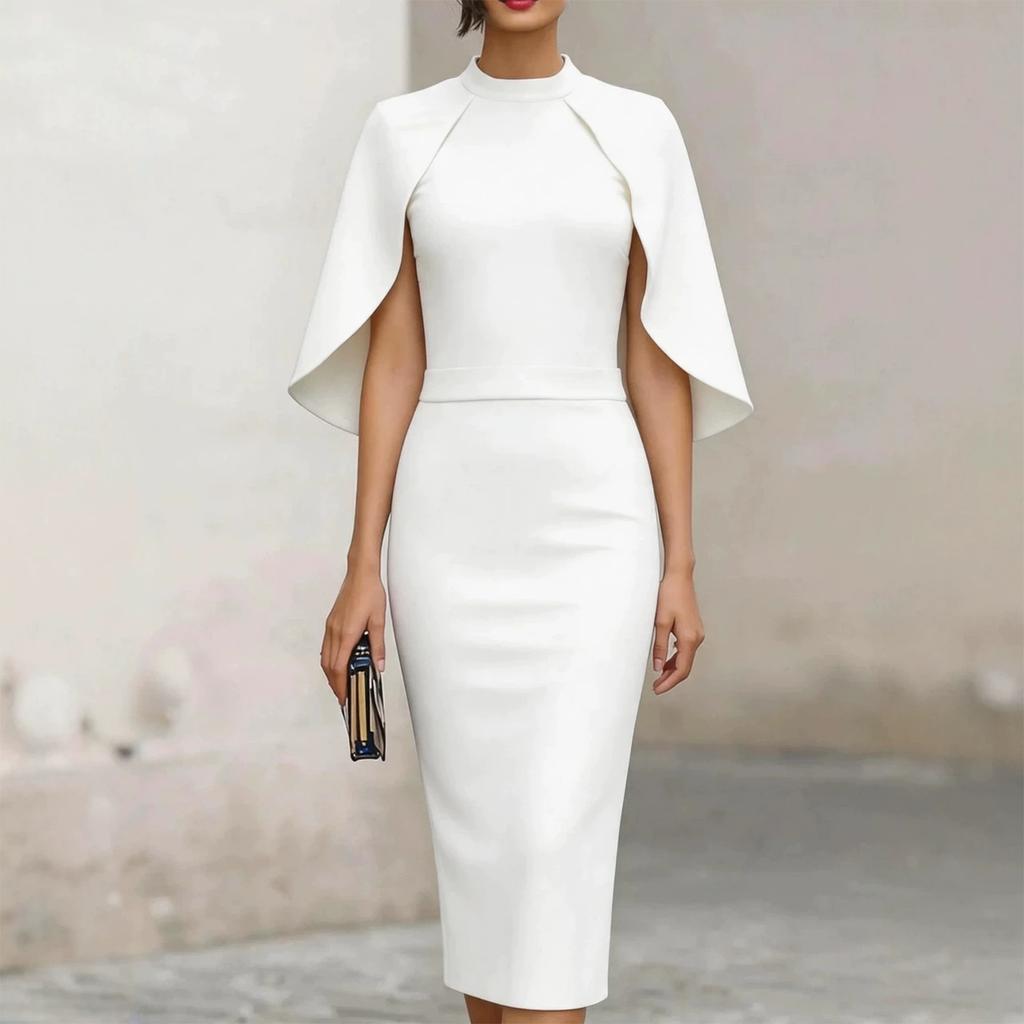 Women's Fashion Midi Dress Round Neck Short Sleeve Bodycon Pencil Dress with Cape Overlay Elegant Slim Fit Knee Length Dress