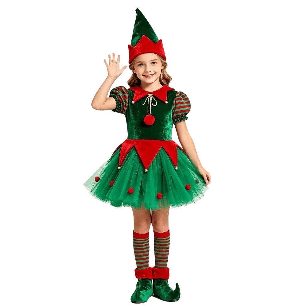 Long Sleeve Children's Elf Outfits Role Playing Elf Dress Suit for Girls Christmas