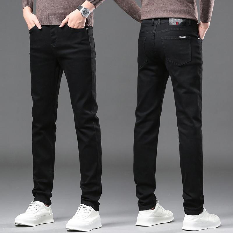 Spring And Autumn Pure Black Men'S High-End High-Quality Jeans Slim Fit Straight Leg Elastic Casual Long Pants Trend