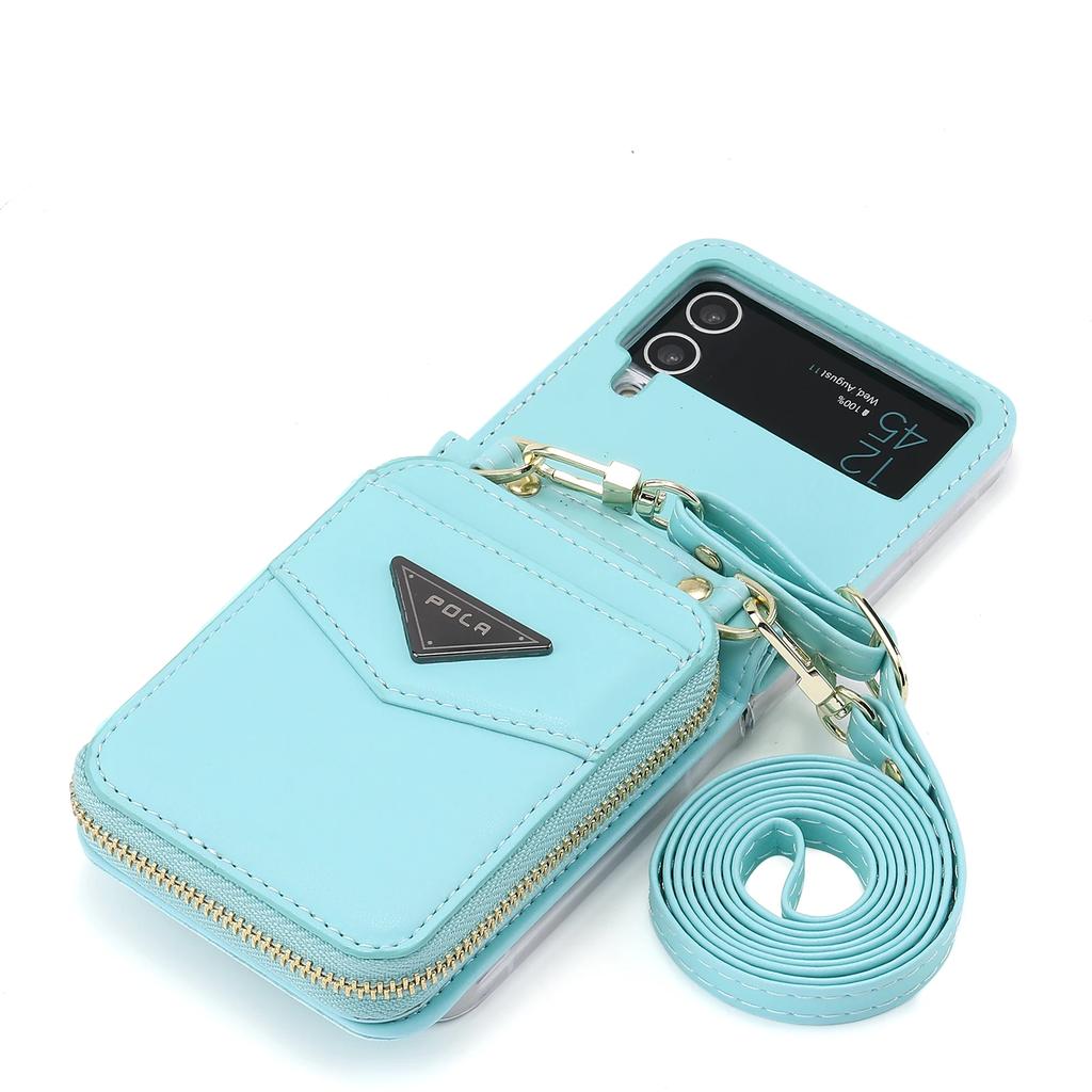 Crossbody Leather Bag Wallet Zipper Purse Case for Samsung Z Flip 6 5 4 Flip3 Neckstrap Shoulder Strap Card Holder Pocket Cover