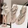 2024 New Summer Sandals Female Korean Version Fairy Style Flat Bottom Toe Elastic Band Bohemian Rhinestone Sandals